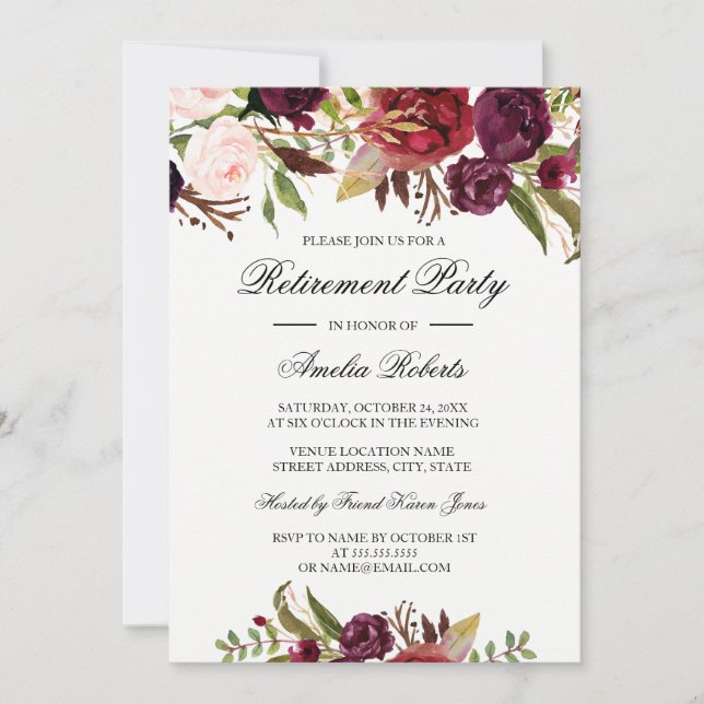 Burgundy Red Floral Retirement Party Invitation (Front)