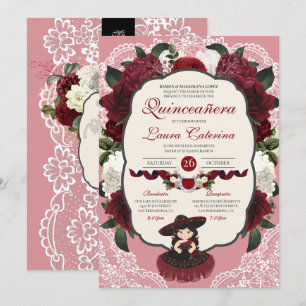 Burgundy Red Floral Rose Charro Quinceanera Invitation