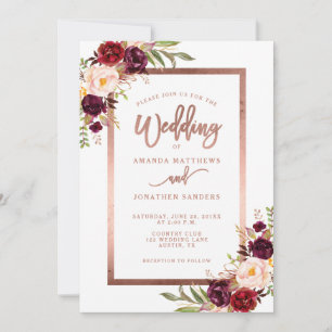 Burgundy Red Floral Rose Gold RSVP Wedding Invitation