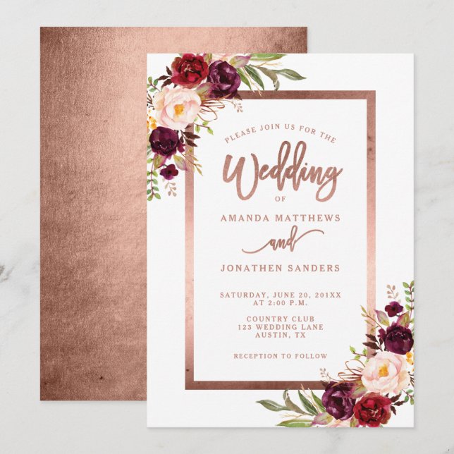 Burgundy Red Floral Rose Gold Script Wedding Invitation (Front/Back)