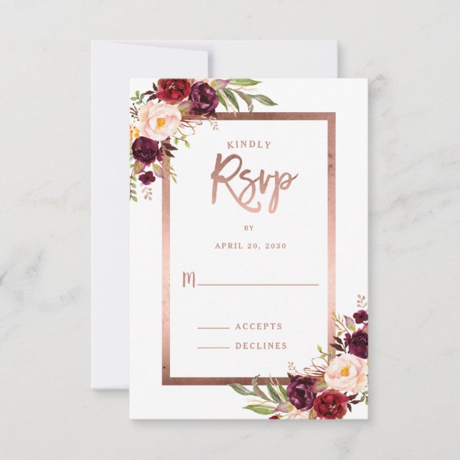 Burgundy Red Floral Rose Gold Wedding RSVP Card (Front)