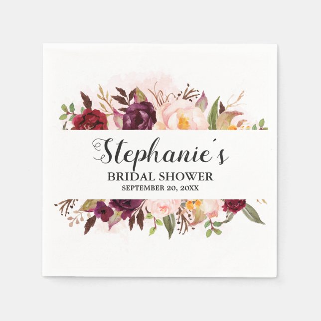 Burgundy Red Floral Rustic Boho Bridal Shower Napkin (Front)