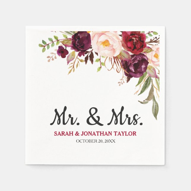 Burgundy Red Floral Rustic Boho Paper Napkin (Front)