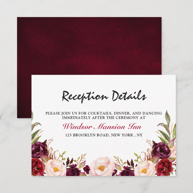 Burgundy Red Floral Rustic Boho Reception Invitation (Front/Back)