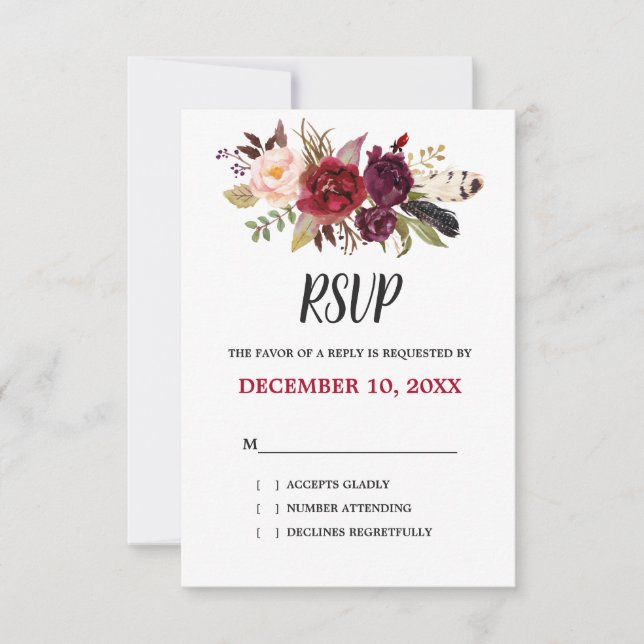 Burgundy Red Floral Rustic Boho RSVP (Front)