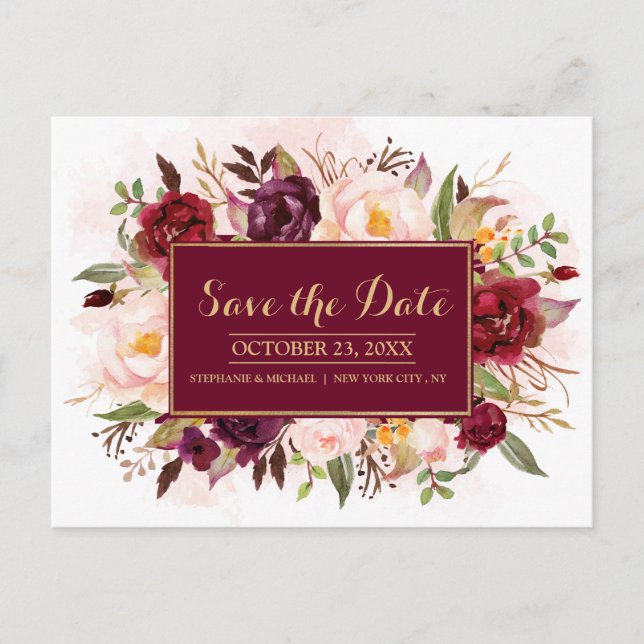 Burgundy Red Floral Rustic Boho Save the Date Announcement Postcard (Front)