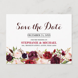 Burgundy Red Floral Rustic Boho Save the Date Announcement Postcard