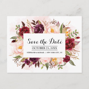 Burgundy Red Floral Rustic Boho Save the Date Announcement Postcard