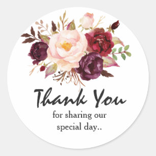 Burgundy Red Floral Rustic Boho Thank You Classic Round Sticker