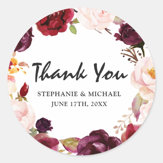 Burgundy Red Floral Rustic Boho Thank You Classic Round Sticker (Front)