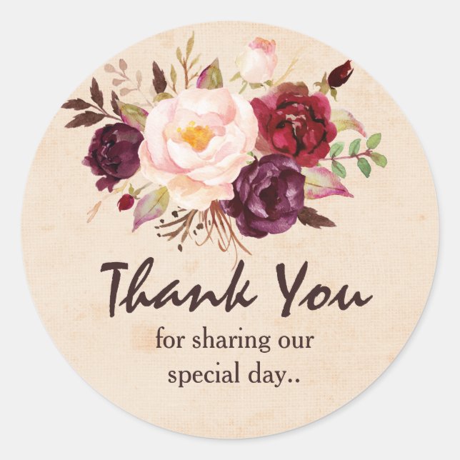 Burgundy Red Floral Rustic Boho Thank You Classic Round Sticker (Front)