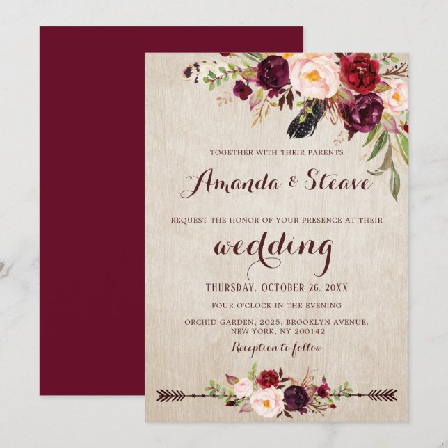 Burgundy Red Floral Rustic Boho Wedding Invitation (Front/Back)