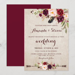 Burgundy Red Floral Rustic Boho Wedding Invitation