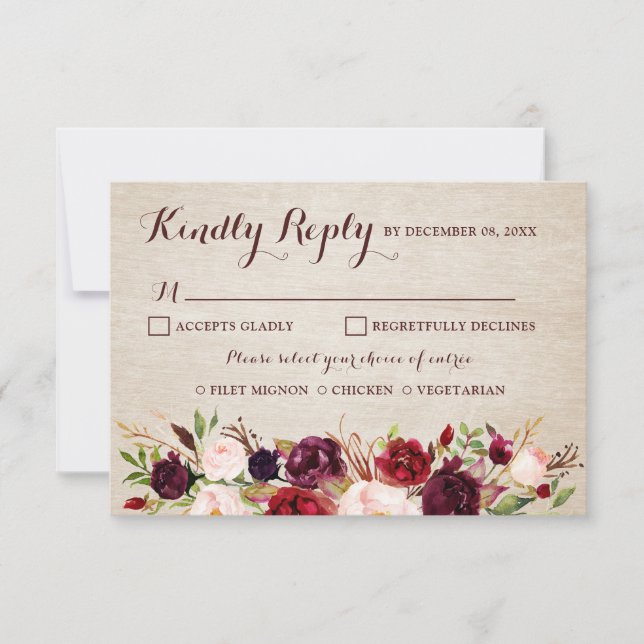 Burgundy Red Floral Rustic Boho Wedding RSVP (Front)