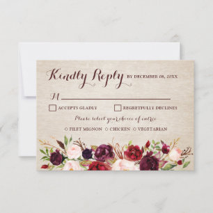Burgundy Red Floral Rustic Boho Wedding RSVP Card