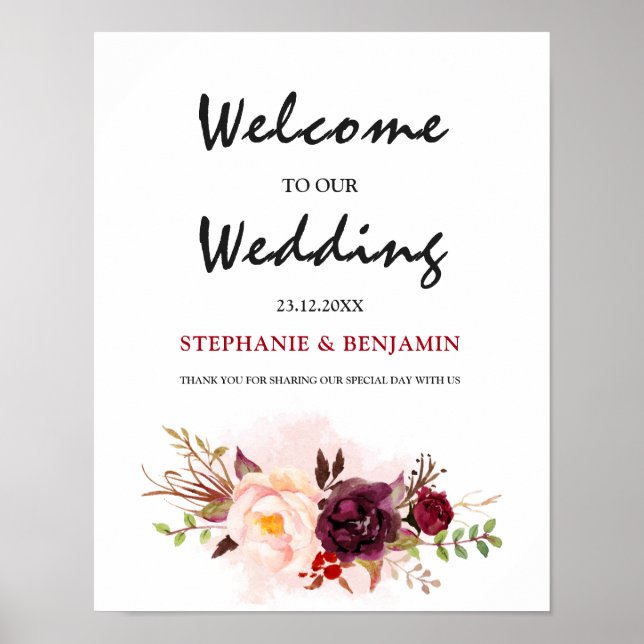 Burgundy Red Floral Rustic Boho Wedding Sign (Front)