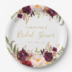 Burgundy Red Floral Rustic Bridal Shower Paper Plate