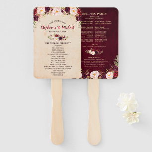 Burgundy Red Floral Rustic Burlap Wedding program Hand Fan