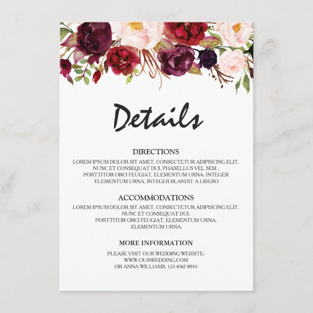Burgundy Red Floral Rustic Wedding Details Enclosure Card (Front)