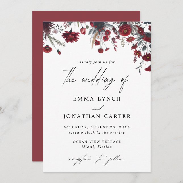 Burgundy Red Floral Rustic Wedding Invitation (Front/Back)