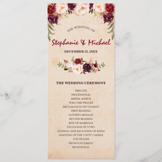 Burgundy Red Floral Rustic Wedding program Menu (Front)