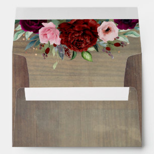 Burgundy Red Floral Rustic Wood Wedding Envelope