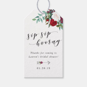 Burgundy Red Floral Sip Sip Hooray Bridal Shower Gift Tags