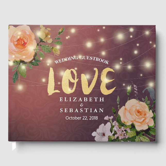 Burgundy Red Floral String Light Wedding Guestbook (Front)