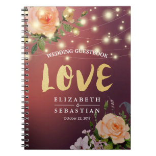 Burgundy Red Floral String Light Wedding Guestbook Notebook