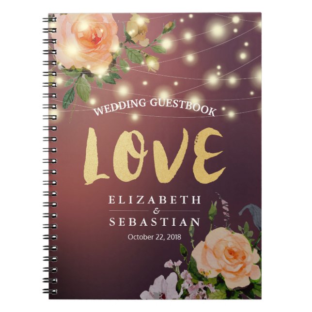 Burgundy Red Floral String Light Wedding Guestbook Notebook (Front)