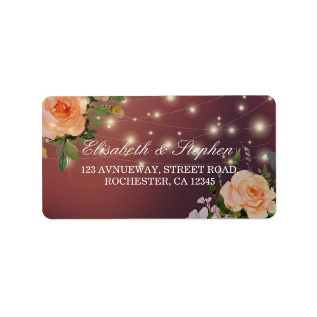 Burgundy Red Floral String Lights Wedding Address Label (Front)