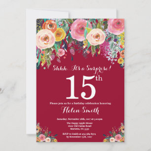Burgundy Red Floral Surprise 15th Birthday Invitation
