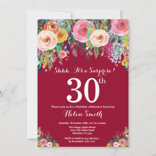 Burgundy Red Floral Surprise 30th Birthday Invitation