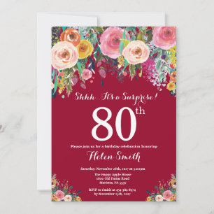 Burgundy Red Floral Surprise 80th Birthday Invitation