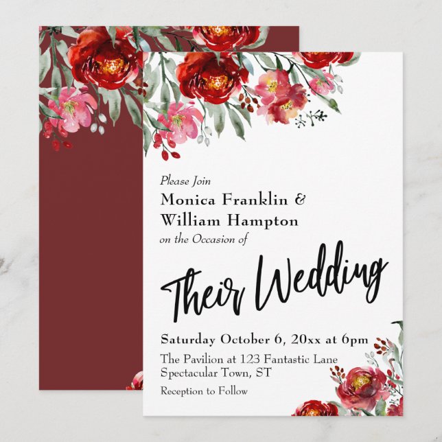 Burgundy Red Floral Their Wedding Typography Invitation (Front/Back)