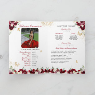 Burgundy Red Floral Tiara Butterfly Quinceanera Programme