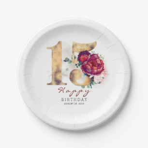 Burgundy Red Floral Typography 15th Birthday Paper Plate