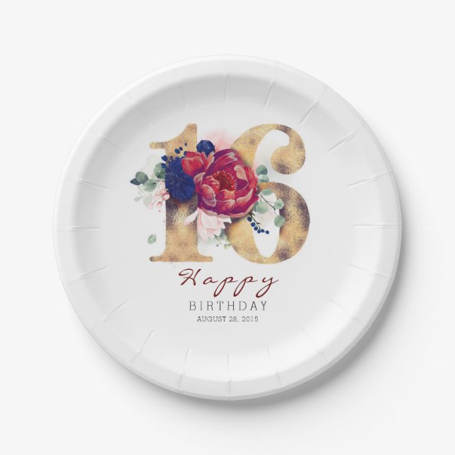 Burgundy Red Floral Typography 16th Birthday Paper Plate (Front)