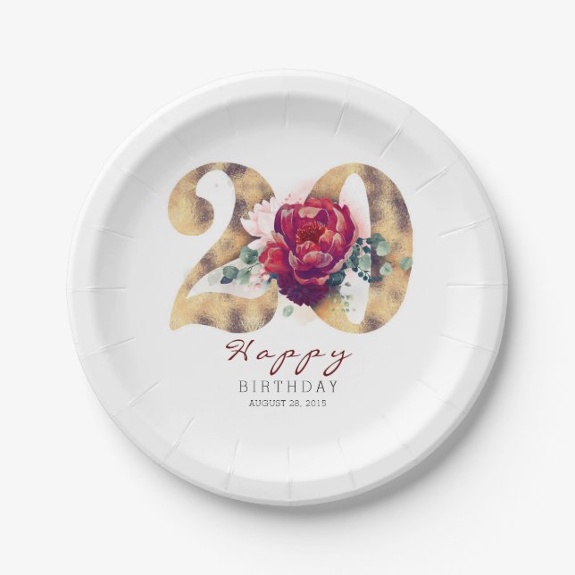 Burgundy Red Floral Typography 20th Birthday Paper Plate (Front)
