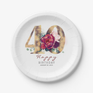 Burgundy Red Floral Typography 40th Birthday Paper Plate