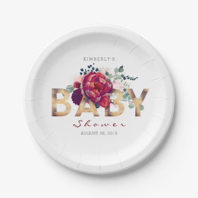 Burgundy Red Floral Typography Baby Shower Paper Plate (Front)