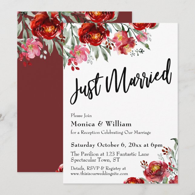 Burgundy Red Floral Typography Just Married Invitation (Front/Back)