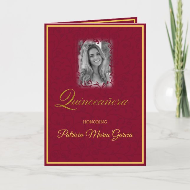 Burgundy red floral vines with photo quinceanera card (Front)