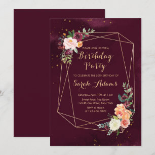 Burgundy Red Floral Watercolor 50th Birthday Invitation