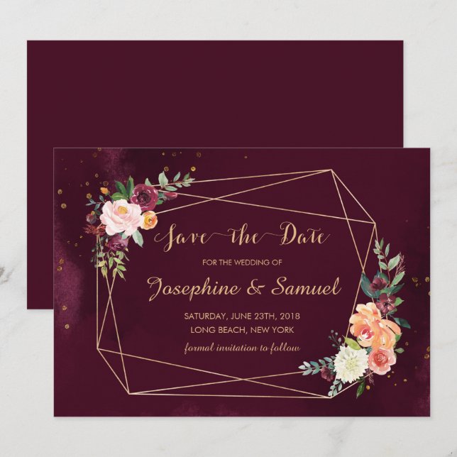 Burgundy Red Floral Watercolor Save The Date Invitation (Front/Back)