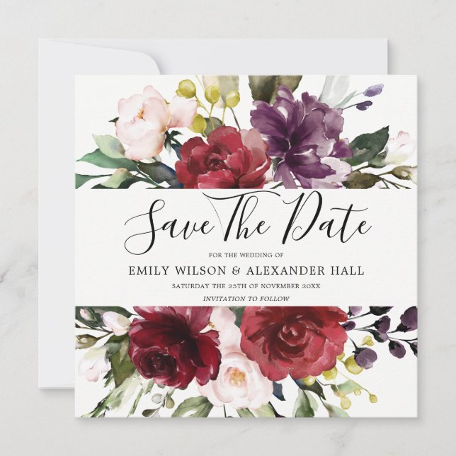 Burgundy Red Floral Watercolor Wedding Save The Date (Front)