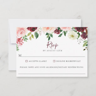 Burgundy Red Floral Wedding Food Allergy RSVP Card