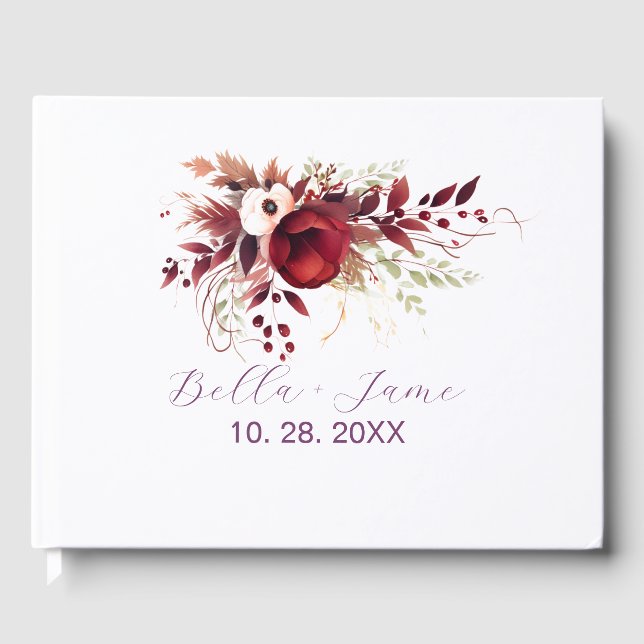 Burgundy Red Floral Wedding Guest Book (Front)