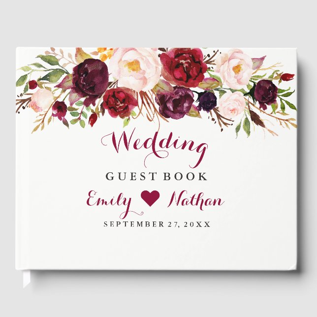 Burgundy Red Floral Wedding Guest Book (Front)
