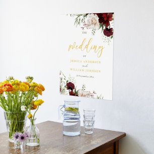 Burgundy Red Floral Wedding Large Welcome Sign